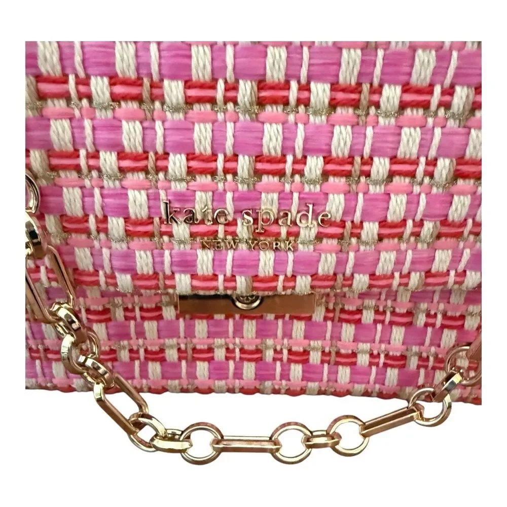 Kate Spade Carlyle Raffia Tweed Medium Shoulder Bag Chain Strap Pink